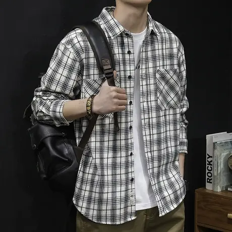 日系格子衬衫男长袖高级感春季2024新款宽松休闲男士衬衣春秋外套商品大图