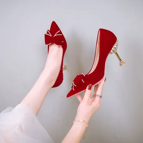 婚鞋新娘鞋红色细高跟鞋女2024新款单鞋女鞋敬酒中式秀禾服结婚鞋图片