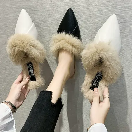 网红毛毛拖鞋女外穿2023新款懒人鞋爆款穆勒鞋秋冬毛绒包头半拖鞋商品大图