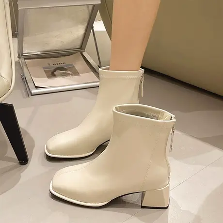 高跟粗跟短靴女秋冬季2023新款韩版加绒瘦瘦靴方头性感拉链短筒靴图片