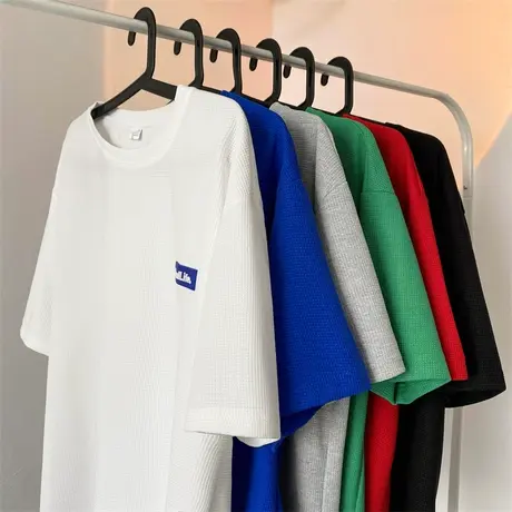 美式重磅华夫格短袖T恤潮牌男夏oversize宽松克莱因蓝ins潮流半袖商品大图