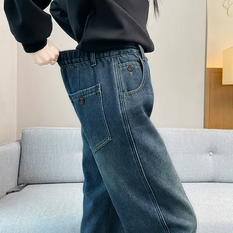 加绒加厚牛仔裤女冬季新款宽松高腰黑色显瘦小个子哈伦老爹萝卜裤商品大图