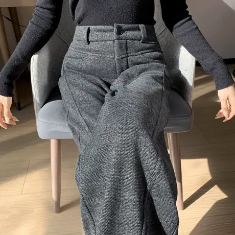 加厚加绒裤子女秋冬款毛呢休闲裤痞雅阔腿裤长裤直筒哈伦裤香蕉裤图片