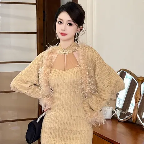 港风复古高级感羽毛开衫披肩上衣2024新款气质外搭长袖毛呢短外套图片