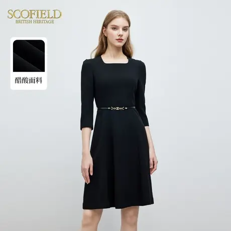 【醋酸面料】Scofield女装方领收腰连衣裙通勤中长裙2024春夏新款图片