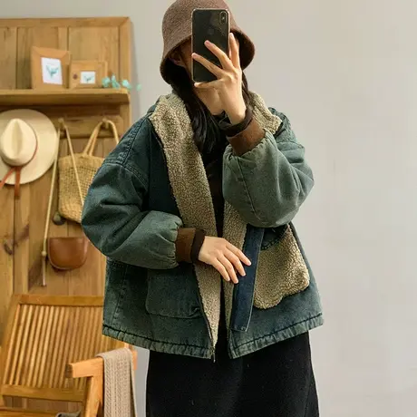dza 复古加厚假两件羊羔毛牛仔外套女士冬季加绒保暖厚实外穿上衣商品大图