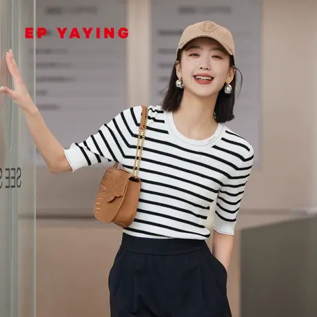 EP雅莹女装 简约时尚条纹冰丝海魂短袖针织衫 2023新款9901A商品大图
