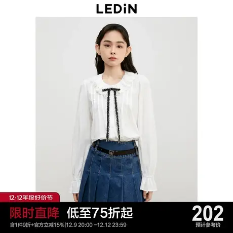 乐町蝴蝶结系带拉夫领衬衫2023年秋季新款女生纯棉可爱甜美衬衣图片