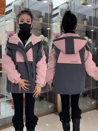 撞色连帽加绒加厚冲锋衣外套女冬季新款韩版宽松百搭派克服棉服潮图片