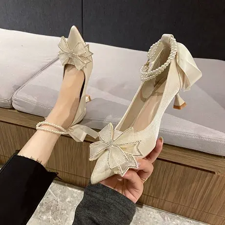 法式高跟鞋女细跟2023年新款秋冬气质名媛白色小众蝴蝶结尖头单鞋图片