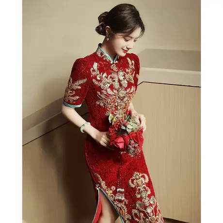 高端旗袍敬酒服新娘2023新款女夏季中式结婚礼服订婚蕾丝连衣裙商品大图