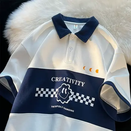 美式撞色拼接翻领短袖polo衫男夏季ins潮牌宽松原宿港风设计感T恤图片