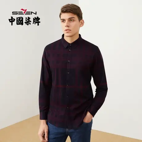 柒牌清仓无缝针织衬衫男长袖秋冬款休闲英伦风翻领格纹T恤衫男装商品大图