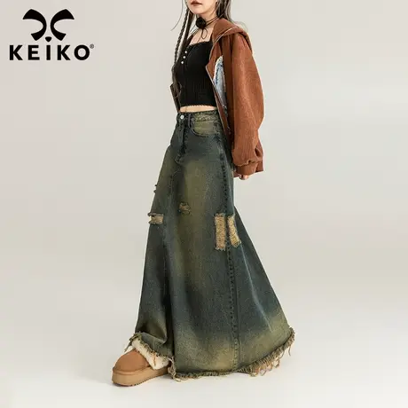 KEIKO 复古水洗磨破洞牛仔半身裙春季设计感宽松显瘦遮胯包臀长裙图片