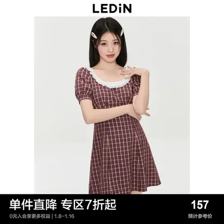 乐町法式花边领连衣裙红格纹U领气质收腰短裙短袖连衣裙商品大图