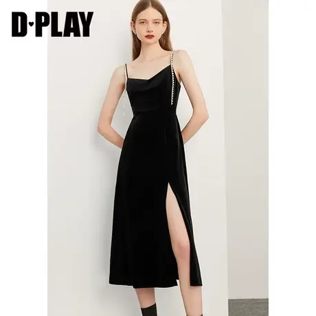 DPLAY秋装新轻奢钻链v领侧开衩收腰丝绒礼服吊带连衣裙图片