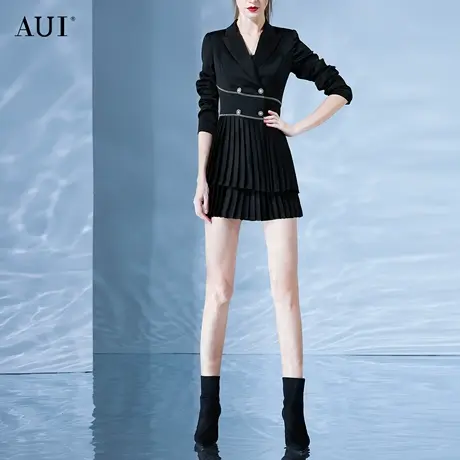 AUI黑色职业气质西装外套女秋2022新款设计感高级小众西服百褶裙商品大图