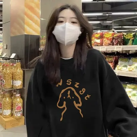 春秋薄款圆领卫衣女ins潮牌宽松大码复古港味chic小个子上衣外套图片