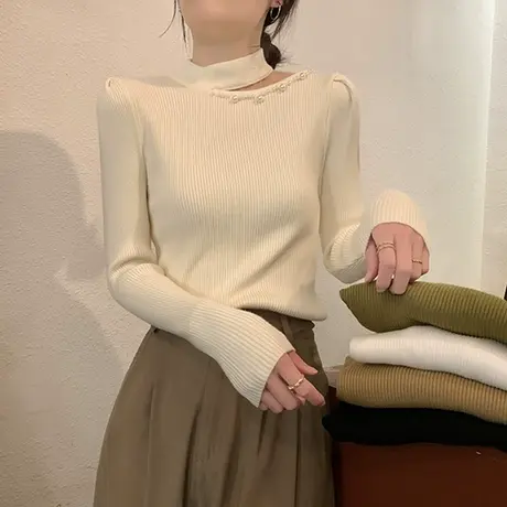 镂空设计感半高领毛衣打底衫女秋冬加厚修身内搭独特别致针织上衣商品大图