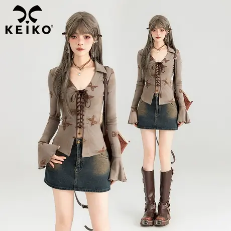 KEIKO 美式辣妹绑带V领上衣2024春夏蝴蝶印花修身显瘦喇叭袖开衫图片