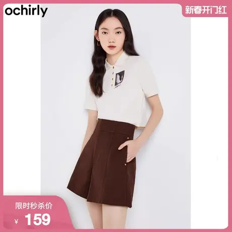 ochirly欧时力新款夏装健康双面布复古印花短款polo衫短袖t恤女图片