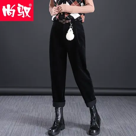 尚驭休闲灯芯绒裤女宽松高腰黑色老爹萝卜长裤加厚复古阔腿长裤子图片