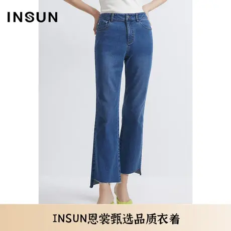 INSUN恩裳夏季棉质毛边裤脚微喇水洗牛仔裤商品大图