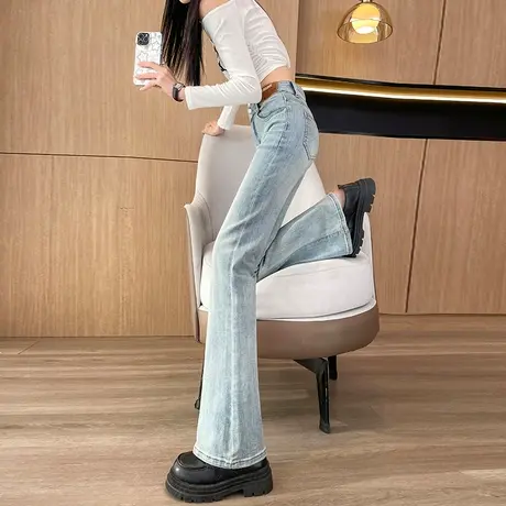 浅色喇叭裤女高腰显瘦2024春秋新款垂感紧身弹力复古牛仔微喇裤子商品大图
