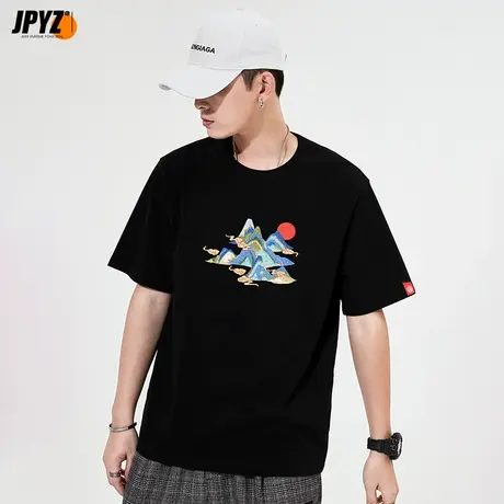 刺绣短袖山系风t恤男士国风纯棉重磅体恤宽松潮流国潮上衣服夏季商品大图