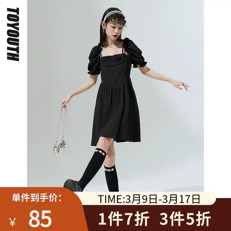 TOYOUTH初语连衣裙女夏季新款可两穿泡泡袖显瘦气质小黑裙图片