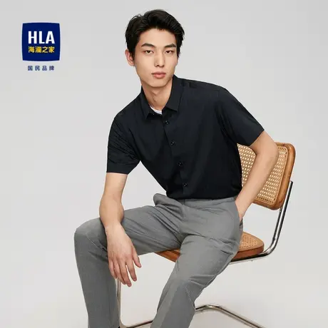 HLA/海澜之家竖条纹短袖休闲衬衫23春夏新款微弹尖领商务黑衬衣男图片