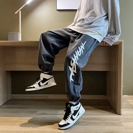 百搭牛仔裤男潮ins宽松休闲运动裤秋冬季港风韩版九分束脚长裤子商品大图