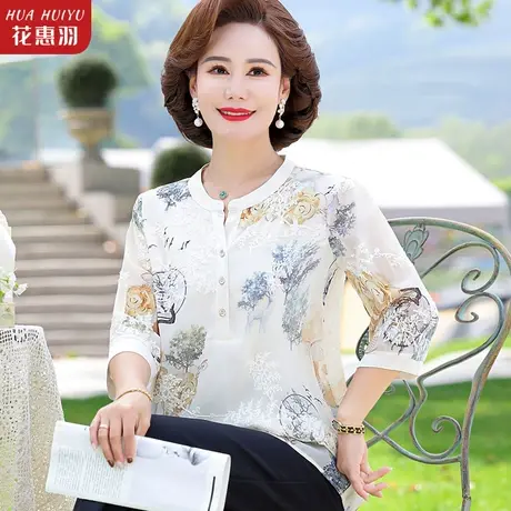 妈妈夏装雪纺T恤洋气印花小衫中老年女时尚七分袖上衣母亲节衣服商品大图