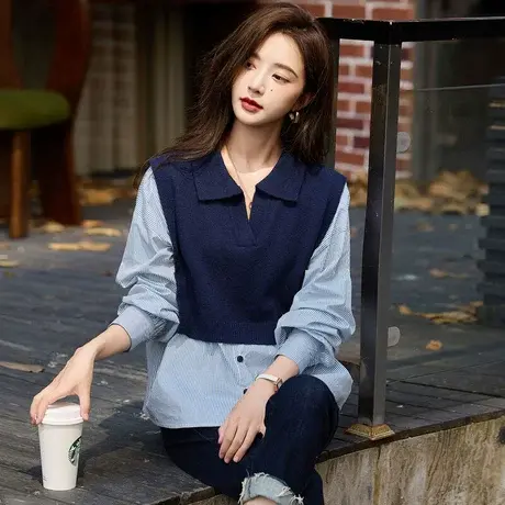 时尚气质通勤2023年秋季新款女百搭V领假两件撞色长袖休闲衬衫图片