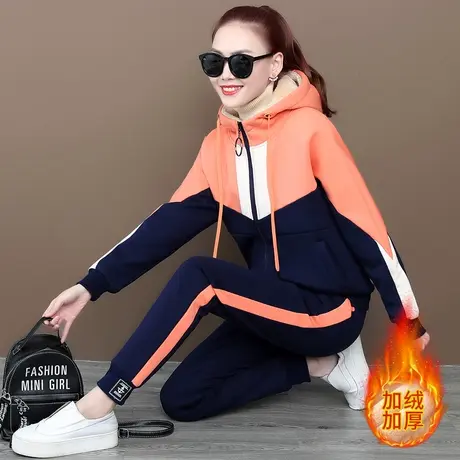 羊羔绒休闲运动套装女秋冬2022新款宽松大码加绒加厚卫衣服两件套商品大图