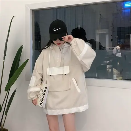 网红ins学生工装女春秋新款韩版学院风原宿bf风宽松连帽套头卫衣商品大图