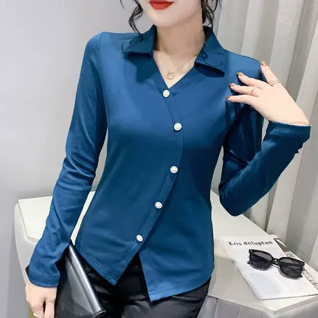 时尚Polo领打底衫女春秋冬气质不规则T恤长袖下摆开叉设计感上衣图片