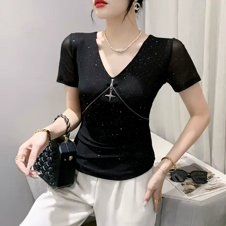 欧货设计感T恤女短袖2023夏新款性感V领网纱小衫洋气别致修身上衣商品大图