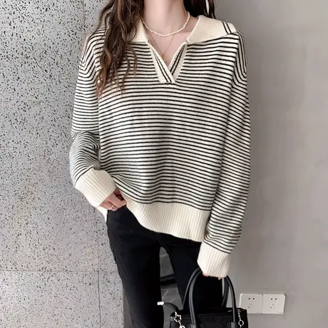 2023秋装新款polo领条纹v领针织打底衫小心机宽松套头毛衣洋气女商品大图