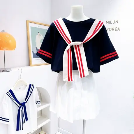 学院风短袖上衣2023夏季新款韩国东大门ins日系甜美海军披肩T恤女商品大图