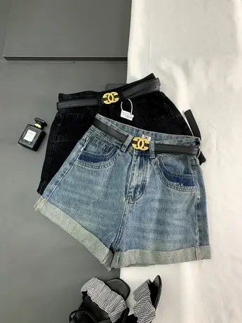 韩版夏季系带牛仔阔腿短裤女2023新款显瘦百搭高腰卷边热裤A字裤商品大图