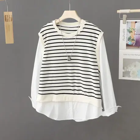 时尚女装假两件条纹拼接马甲衬衫女长袖圆领套头宽松小众衬衣上衣商品大图