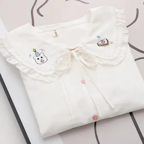 春季学院风文艺减龄娃娃领长袖衬衫女花边刺绣宽松内搭打底衫上衣图片