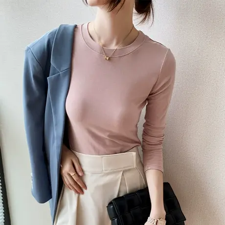 圆领长袖打底衫女2023春季新款纯色修身显瘦西装内搭T恤洋气上衣图片
