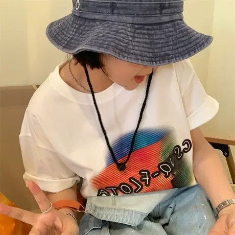 红续小众设计感vintage复古短袖T恤女圆领休闲百搭宽松纯棉上衣潮图片