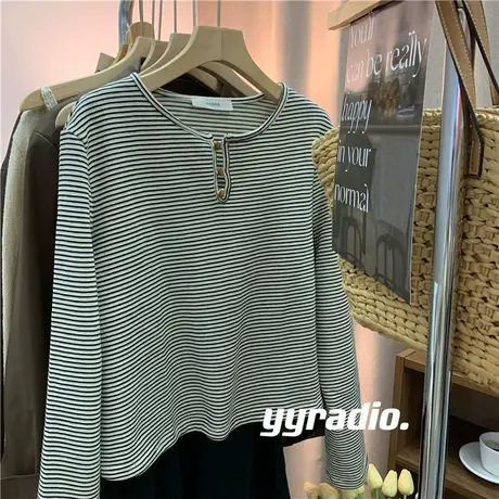韩国秋季2023新款韩版宽松条纹圆领长袖宽松百搭打底t恤女上衣服商品大图