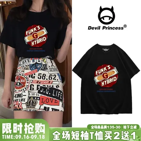 港味复古原宿风ins小众t恤女2023新款ins潮宽松韩版chic大码显瘦商品大图