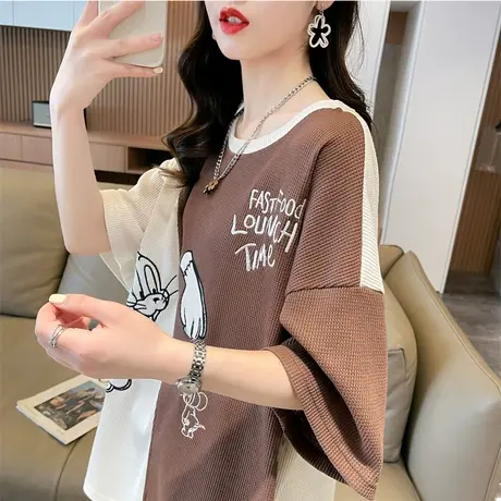 小众设计感短袖t恤女夏季韩版宽松大码中长款小个子拼色百搭上衣图片