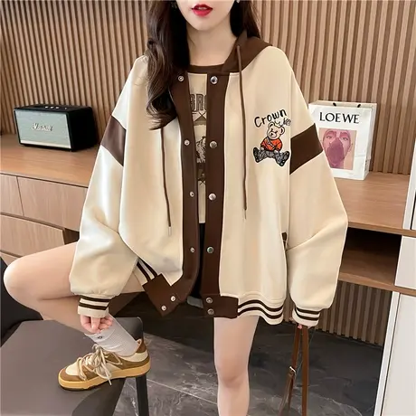 早秋休闲外套女春秋韩版宽松大码初秋薄款撞色夹克棒球服开衫卫衣商品大图