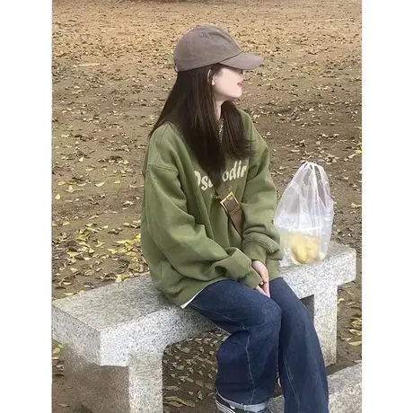 oldschool圆领卫衣女落肩春秋宽松港风chic复古美式潮牌上衣图片